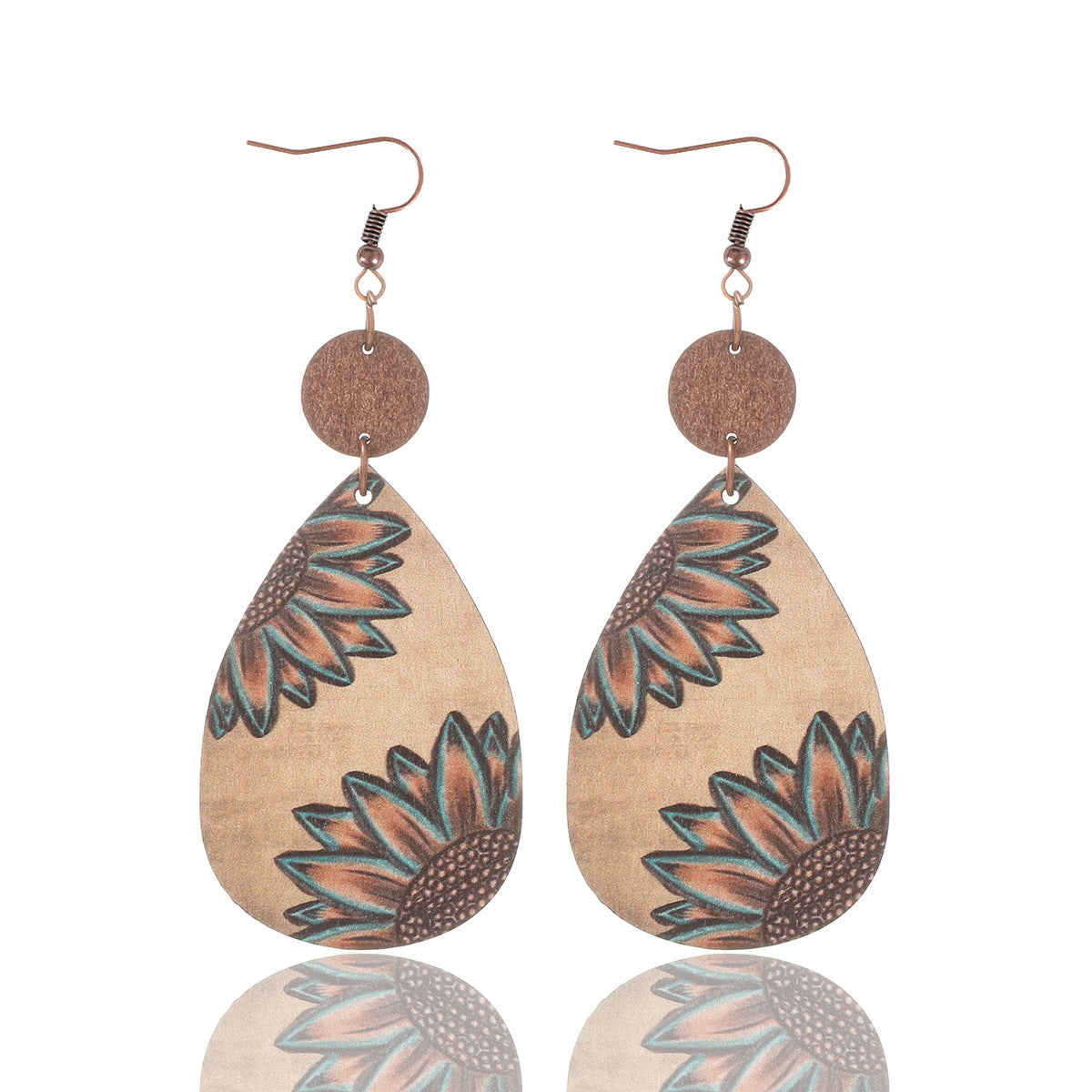 Wholesale Western Style Sunflower Cow Pattern Vintage Wood Grain Earrings